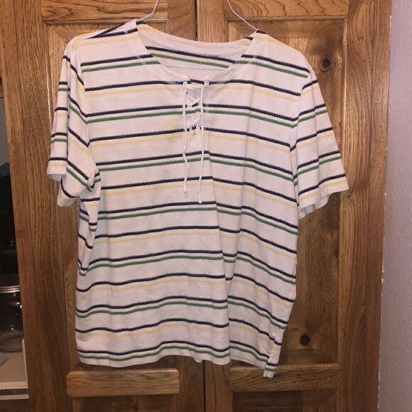 White yellow green navy stripe front tie top - Picture 1 of 1